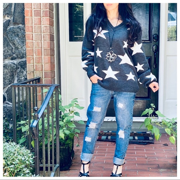 FALL MUST HAVE CHARCOAL GREY V NECK STAR SWEATER - Picture 3 of 9